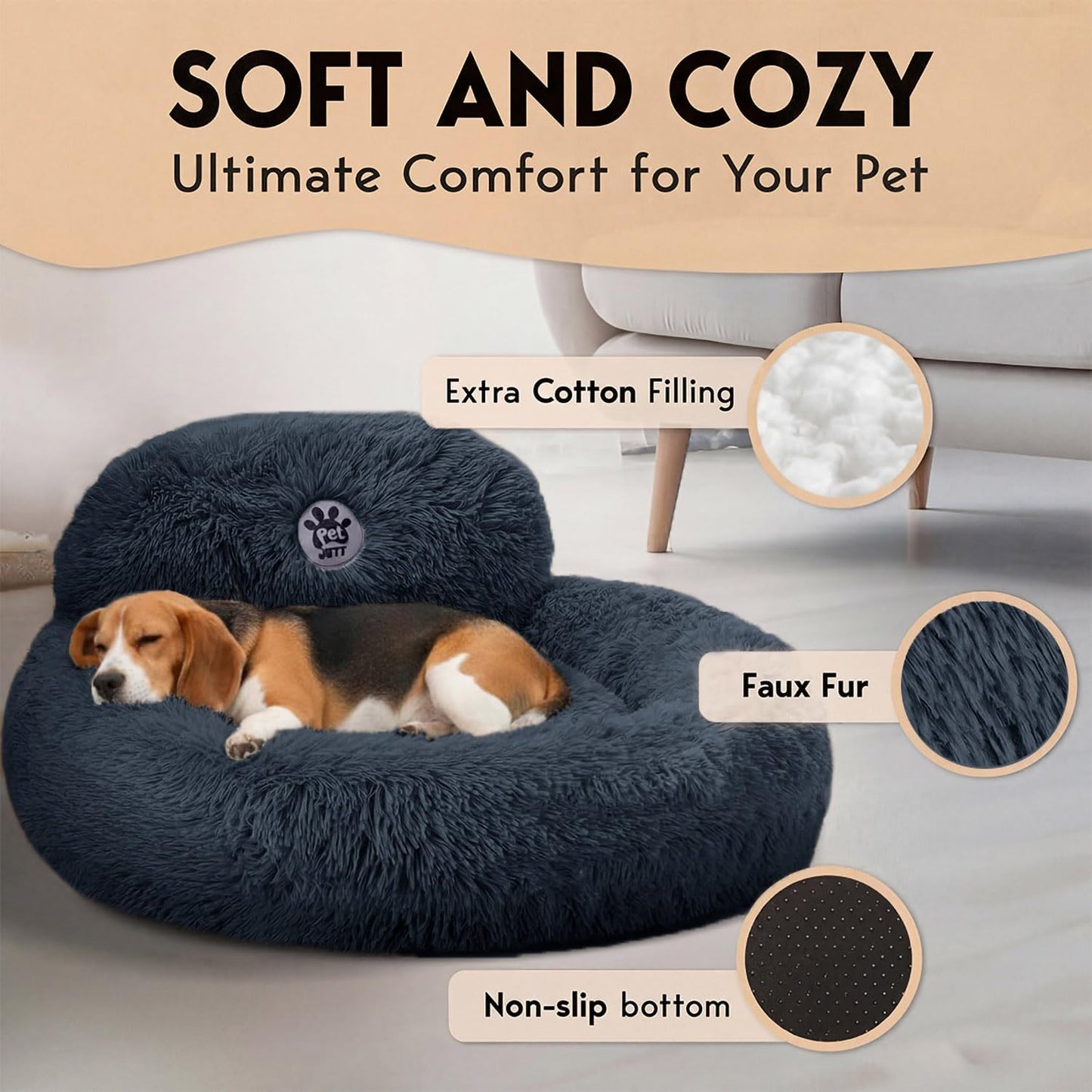 PetJett Calming Dog Bed Medium Size Dog - 30'' Donut Bed, Washable Dog Bed, Anti-Slip & Super Soft Fluffy Plush Round Dog Bed, Anti-Anxiety Premium Comfort Pet Bed, Fits Dogs Upto 45 lbs - Dark Grey