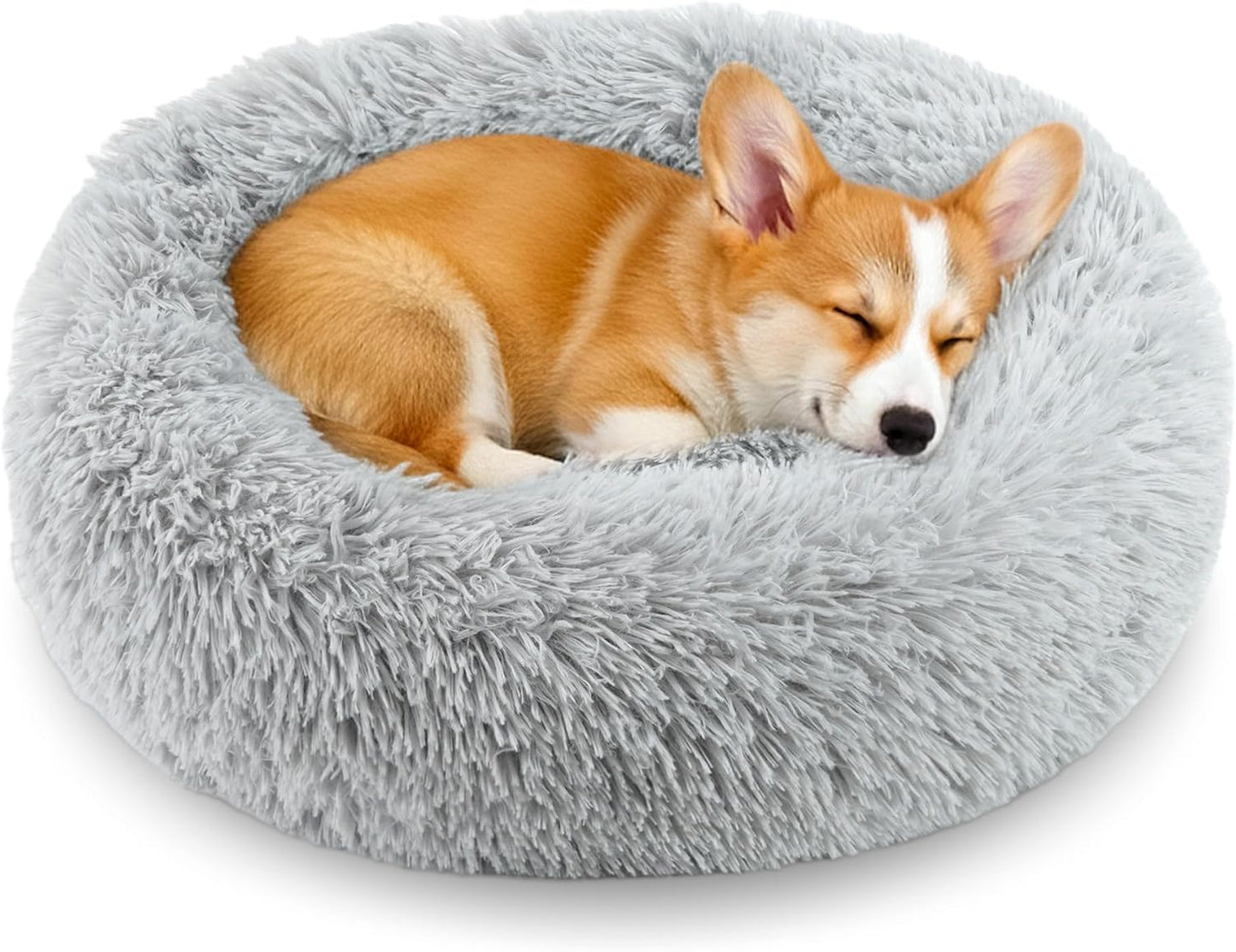 Calming Donut Dog and Cat Bed for Indoor Cats, Anti-Anxiety Round Fluffy Soft Washable Small Pet Bed for Puppy and Kitten, Warming Comfortable Luxury Anti-Slip Waterproof Mute Base 20in Gray