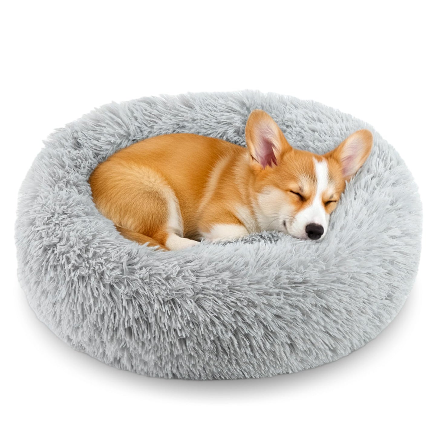 Calming Donut Dog and Cat Bed for Indoor Cats, Anti-Anxiety Round Fluffy Soft Washable Small Pet Bed for Puppy and Kitten, Warming Comfortable Luxury Anti-Slip Waterproof Mute Base 20in Gray