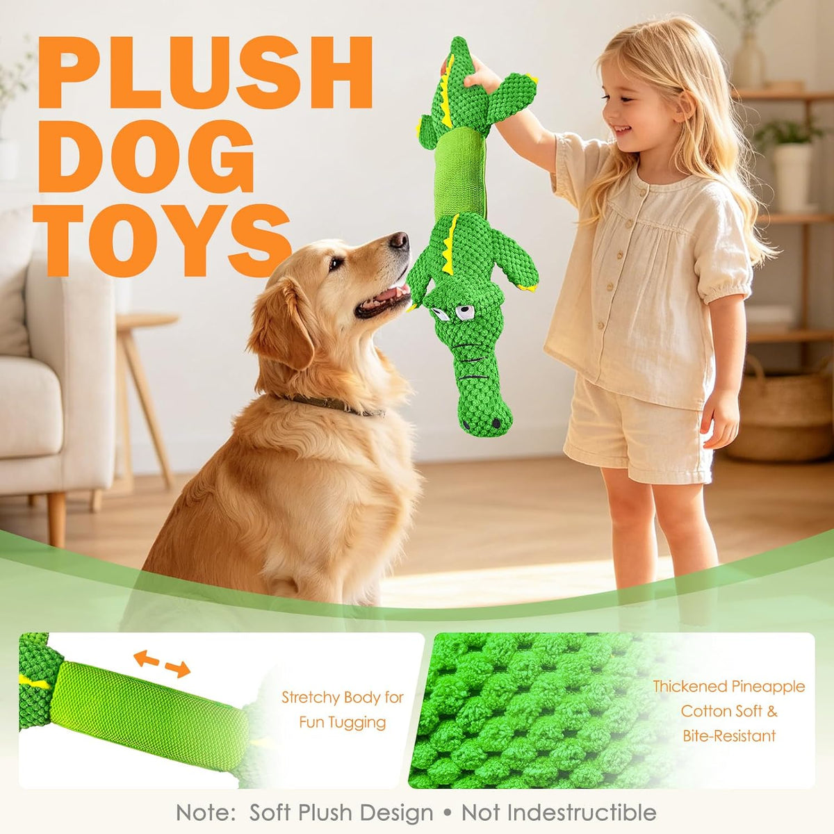 WOWBALA Dog Squeaky Toys Stretchable Crocodile for Interactive Tug of War | 24-31in Plush Chew Toy with Squeaker & Crinkle Paper, Pineapple Cotton, Ideal for Puppy Small Medium Dogs Indoor Outdoor Play