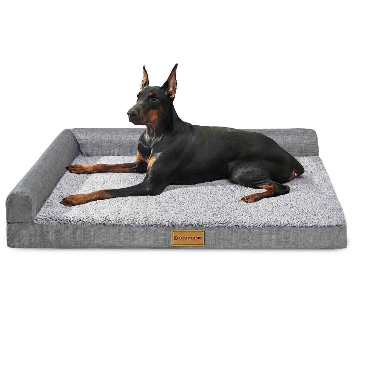 Patas Lague Orthopedic Dog Bed Large Sized Dog 36''X24'', Waterproof L Bolster Medium Pet Sofa Beds with Removable Washable Cover, Soft Pet Couch Crate Mat with Nonskid Bottom, Black