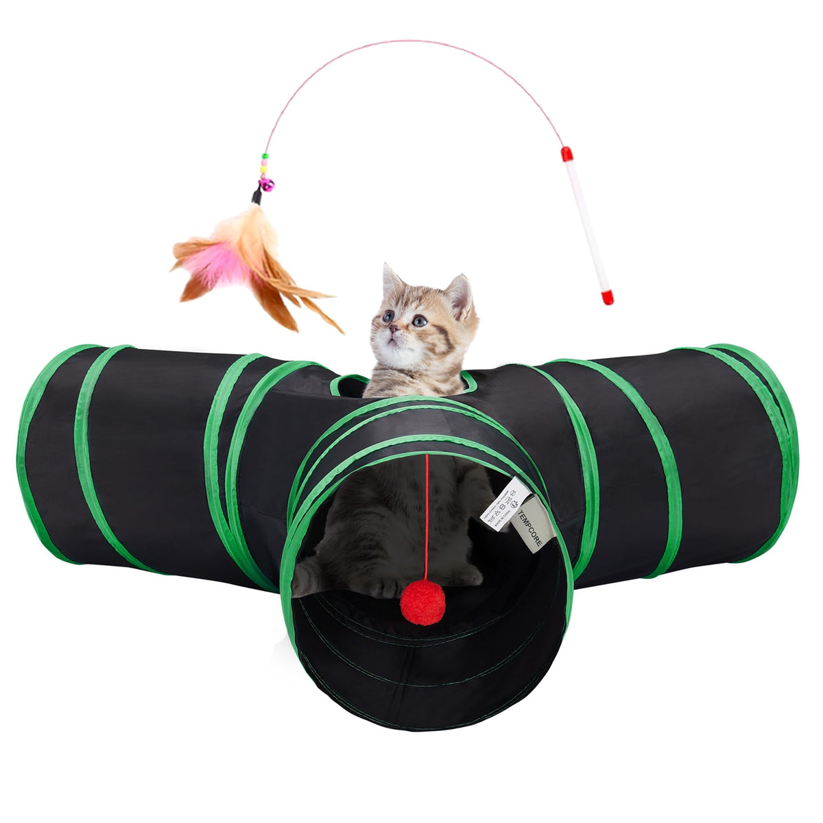 Tempcore Pet Cat Tunnel Tube Toys 3 Way Collapsible, Tunnels for Indoor Cats, Interactive Tube with Teaser Wand, Peek Holes & Hanging Ball, Black & Blue