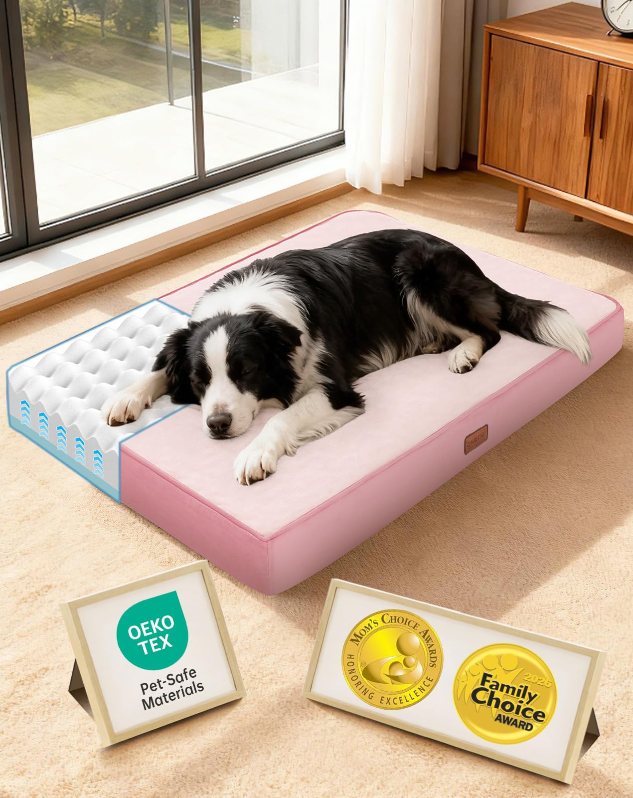 OhGeni Orthopedic Waterproof Dog Bed for Extra Large Dogs, Machine-Washable Removable Cover in Easy-Clean Fabric, Reversible Memory Foam & Easy-Carry Handle, Suitable for Crate, 41 inch (Gray)