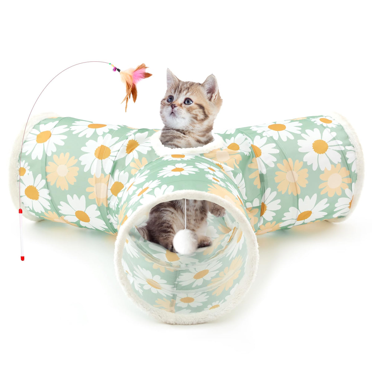 Tempcore Pet Cat Tunnel Tube Toys 3 Way Collapsible, Tunnels for Indoor Cats, Interactive Tube with Teaser Wand, Peek Holes & Hanging Ball, Black & Blue