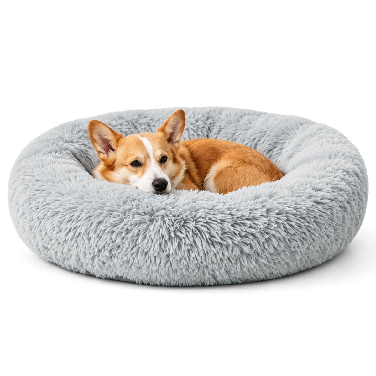 Calming Donut Dog and Cat Bed for Indoor Cats, Anti-Anxiety Round Fluffy Soft Washable Small Pet Bed for Puppy and Kitten, Warming Comfortable Luxury Anti-Slip Waterproof Mute Base 20in Gray