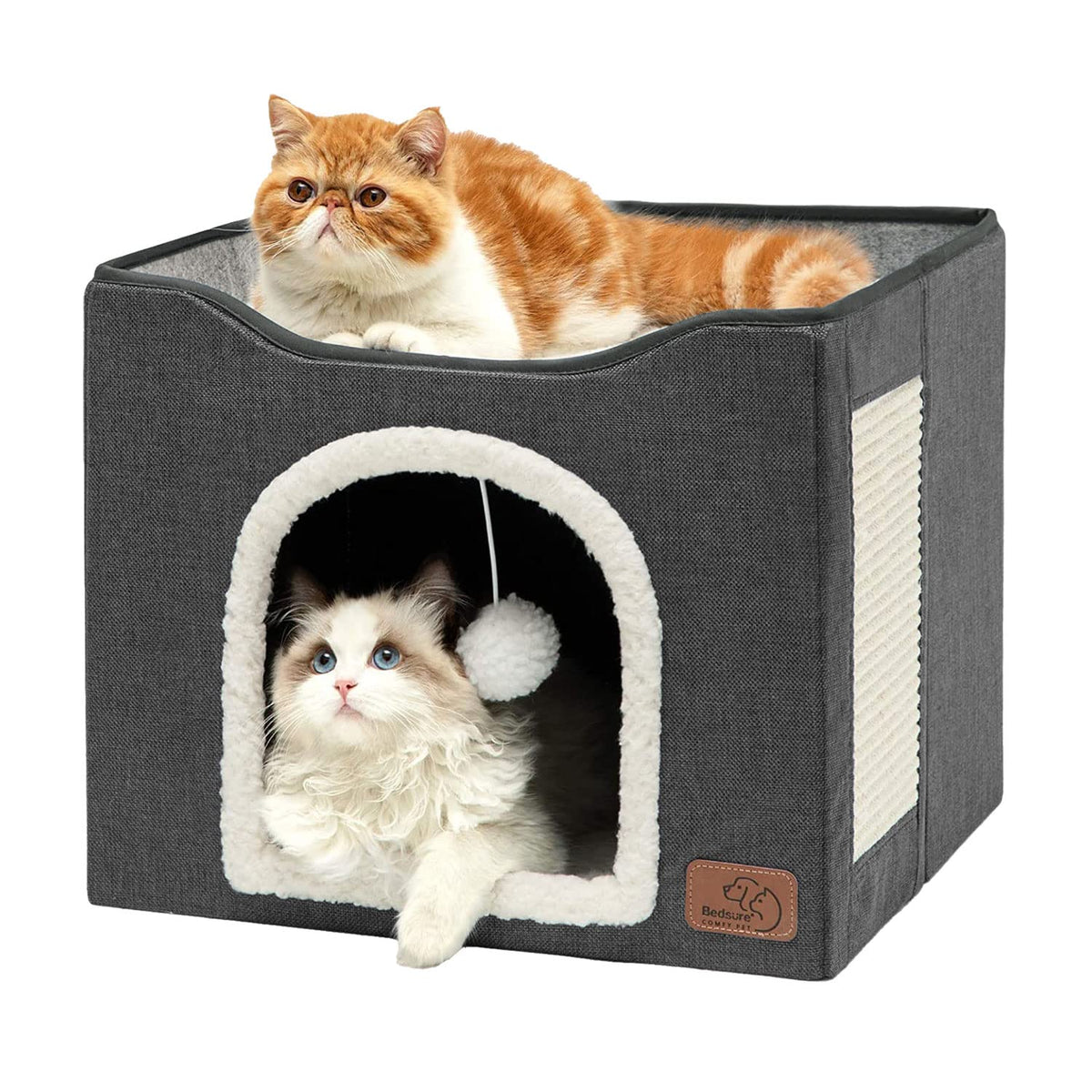 Bedsure Cat House Bed for Indoor Cats with Fluffy Ball and Scratch Pad,Grey | 16.5x16.5x13 in,Large cat cave for multiple pets,Foldable cat hideway cube for sleeping kitten