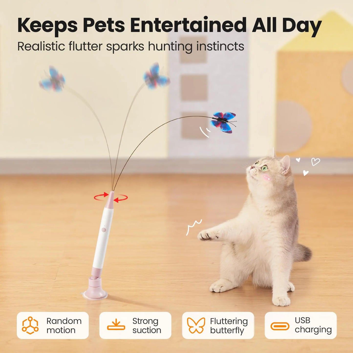 Potaroma Spinning Butterfly Cat Toy Wand – Rechargeable Electric Touch-Activated Interactive Cat Teaser with Suction Cup, Self-Play & Handheld Modes, Durable Automatic Play for Indoor Kittens and Cats #SummerVibes #petlovers