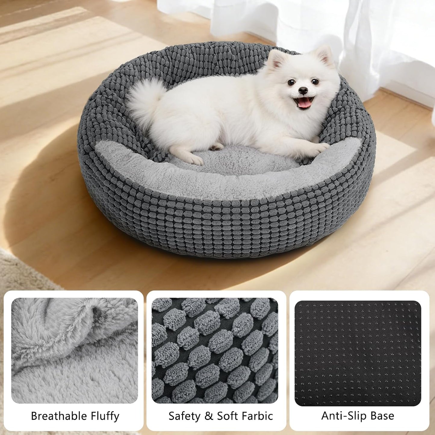 Small Dog Bed with Attached Blanket, Cozy Donut Cuddler Anti-Anxiety Hooded Pet Beds Calming Cave Bed. Orthopedic Round Puppy Beds for Dogs or Cats Washable, Anti-Slip Bottom, 23inch