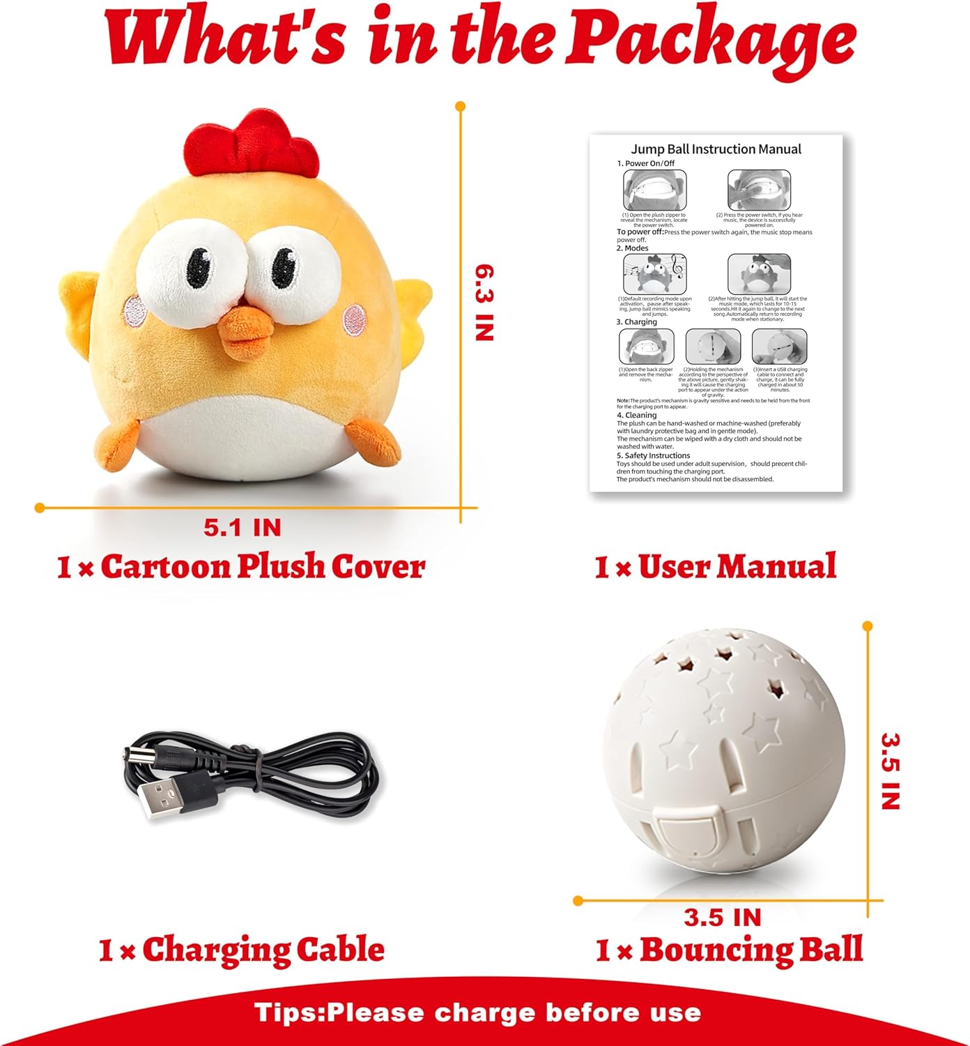 GUKCO Interactive Dog Toys, Squeaky Moving Ball Toy with Jumping & Music Modes, Rechargeable Plush Chew Toys for Small/Medium/Large Dogs to Keep Puppy Busy Pet Toys (Chick)