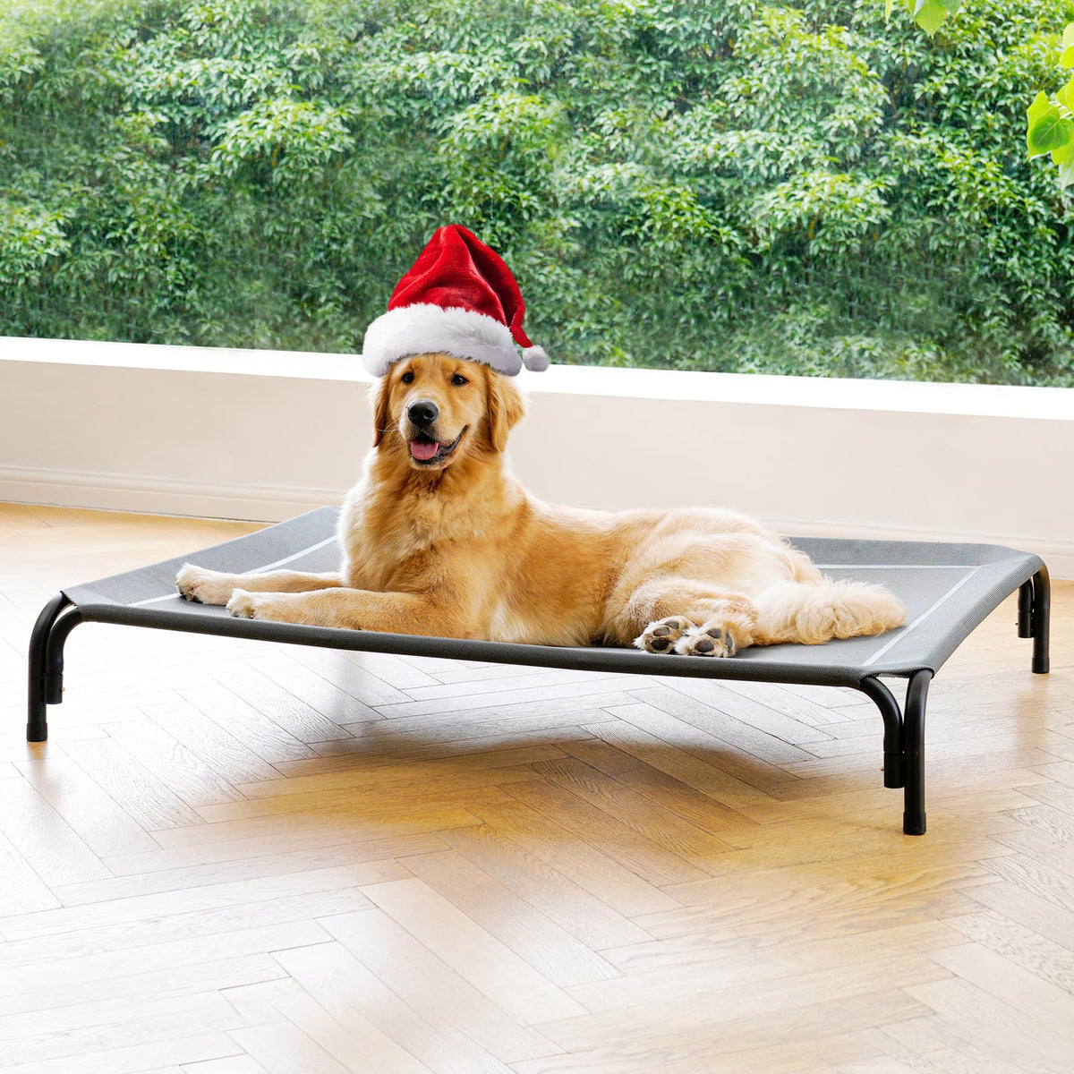 Elevated Dog Bed Raised Outdoor Dog Cot for Large Dogs, Installation Requires No Tools, Frame with Washable Cooling Breathable Mesh Anti-Slip Feet, Indoor Pet Bed, Black, 43.3 Inches