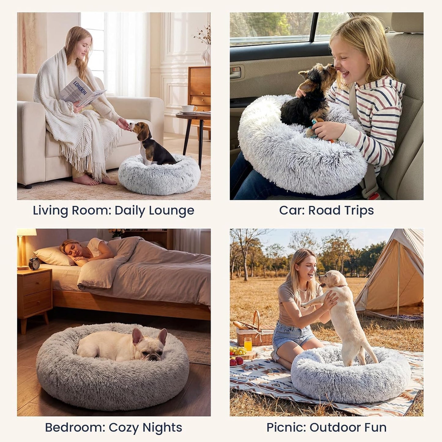 JOLLYVOGUE Small Dog Bed, Calming Dog Beds for Small Dogs & Indoor Cats - 20 Inches Donut Washable Cat Bed for Kittens & Puppies, Round Fluffy Plush Faux Fur Pet Beds(Smoke Grey)