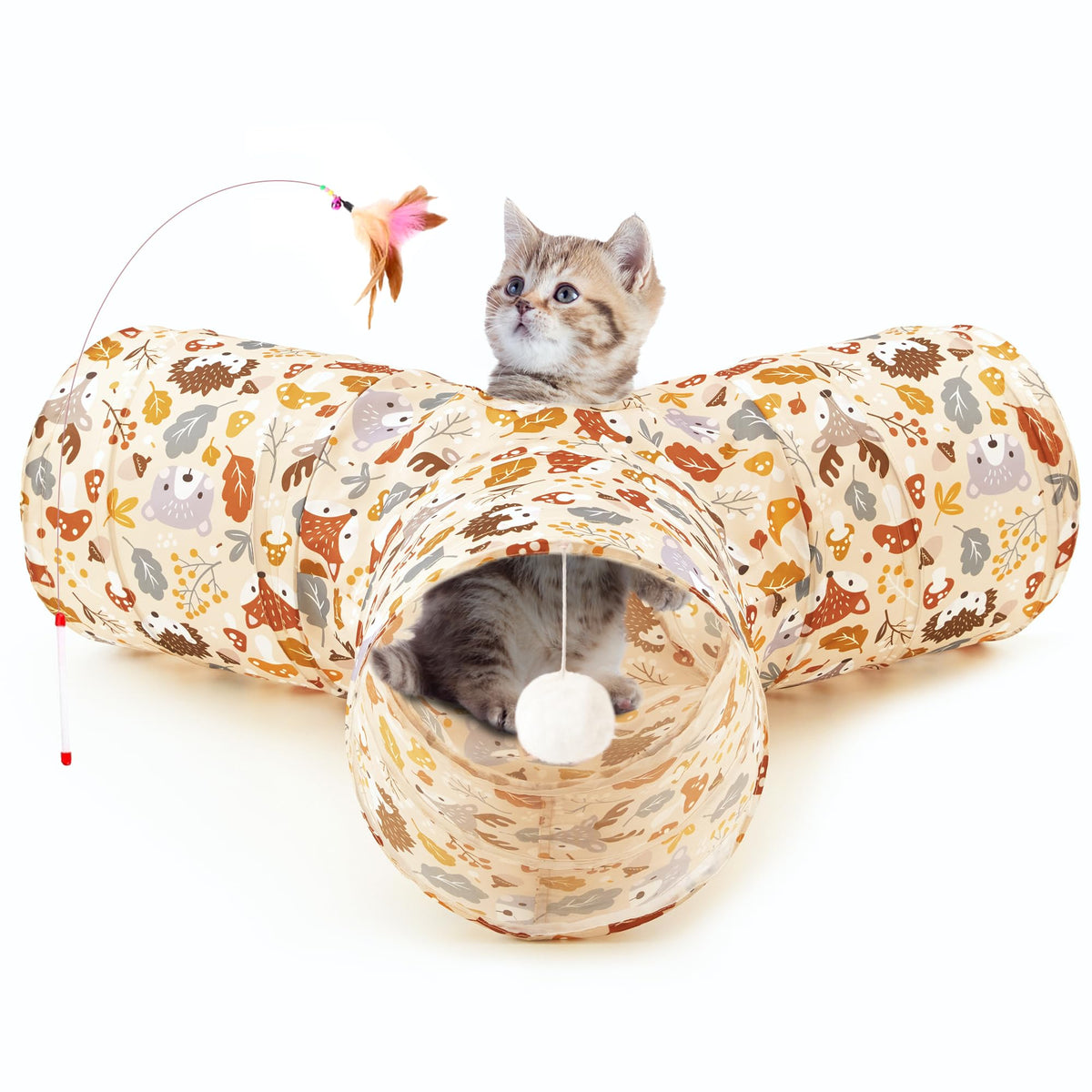 Tempcore Pet Cat Tunnel Tube Toys 3 Way Collapsible, Tunnels for Indoor Cats, Interactive Tube with Teaser Wand, Peek Holes & Hanging Ball, Black & Blue