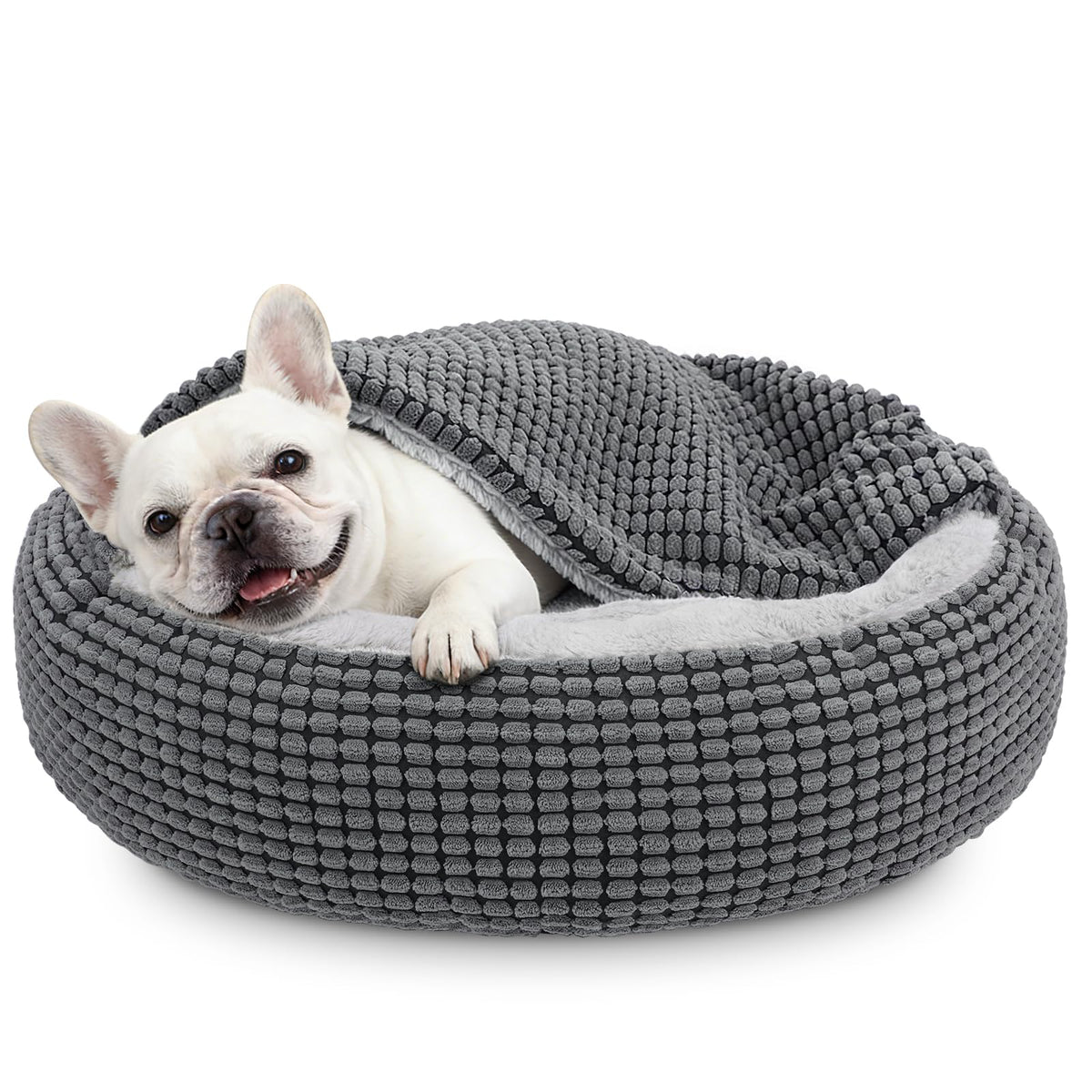 Small Dog Bed with Attached Blanket, Cozy Donut Cuddler Anti-Anxiety Hooded Pet Beds Calming Cave Bed. Orthopedic Round Puppy Beds for Dogs or Cats Washable, Anti-Slip Bottom, 23inch