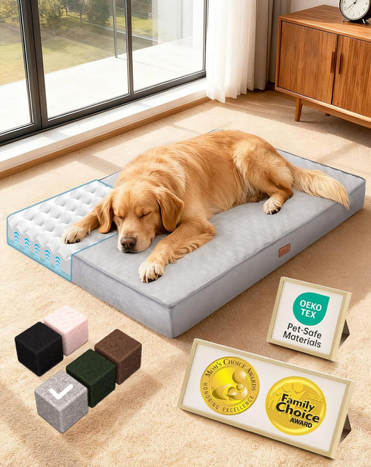OhGeni Orthopedic Waterproof Dog Bed for Extra Large Dogs, Machine-Washable Removable Cover in Easy-Clean Fabric, Reversible Memory Foam & Easy-Carry Handle, Suitable for Crate, 41 inch (Gray)