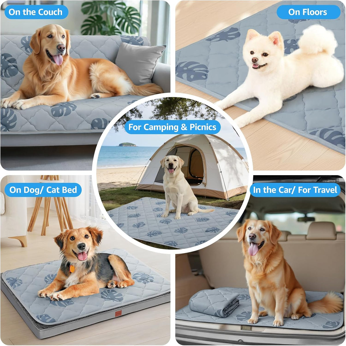 LOOBANI Dog Cooling Mat for Large Dogs - 56"x36" Pet Cooling Mat with Anti-Slip Bottom, Waterproof Self-Cooling Dog Pad for Crate, Floor & Car, Grey Monstera (Grey, 56"x36")