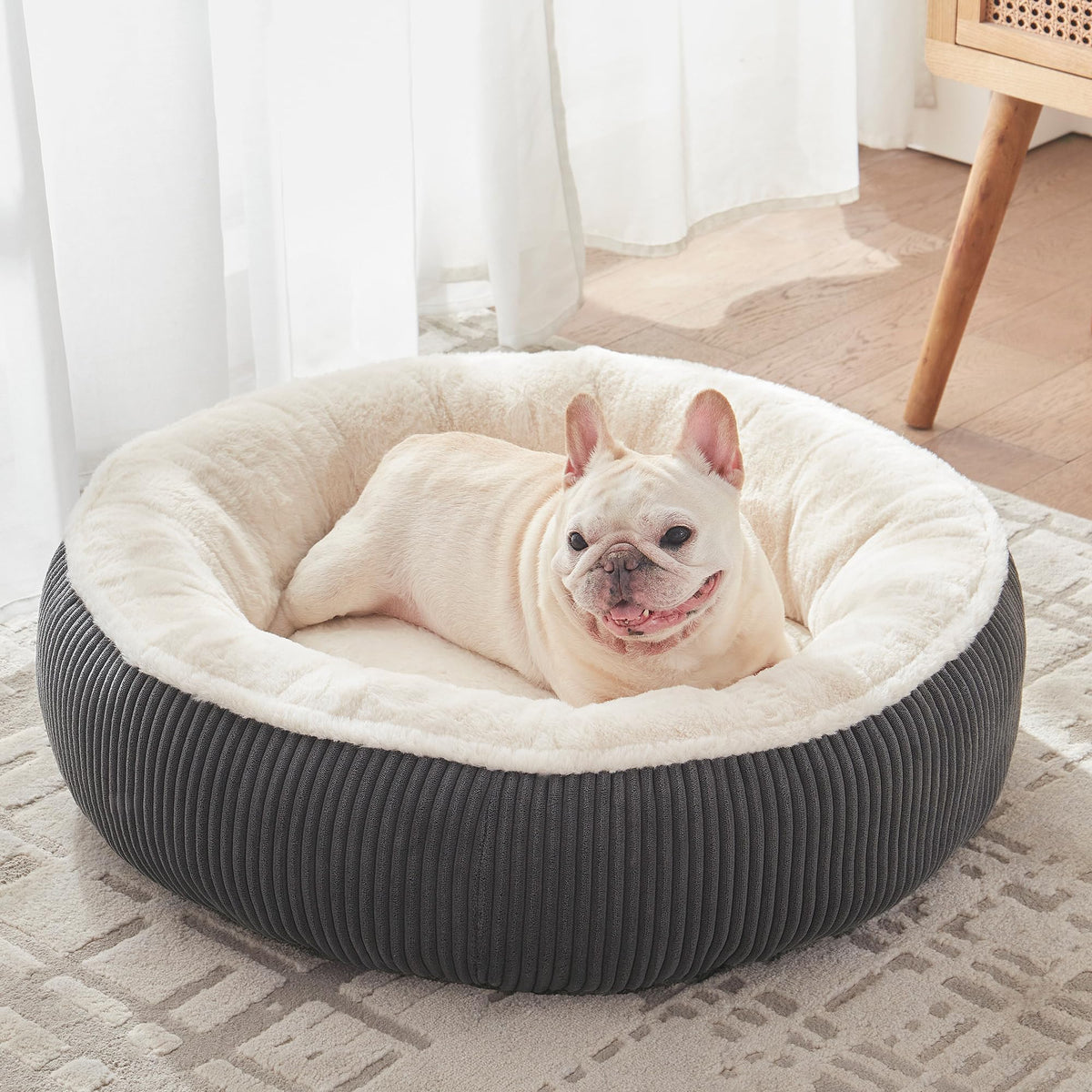36 inches Donut Dog Bed for Large Dogs - Calming Round Pet Bed with Removable&Washable Cover, Plush Faux Fur & Corduroy, Fits Pets up to 80 lbs(Dark Grey, Large)