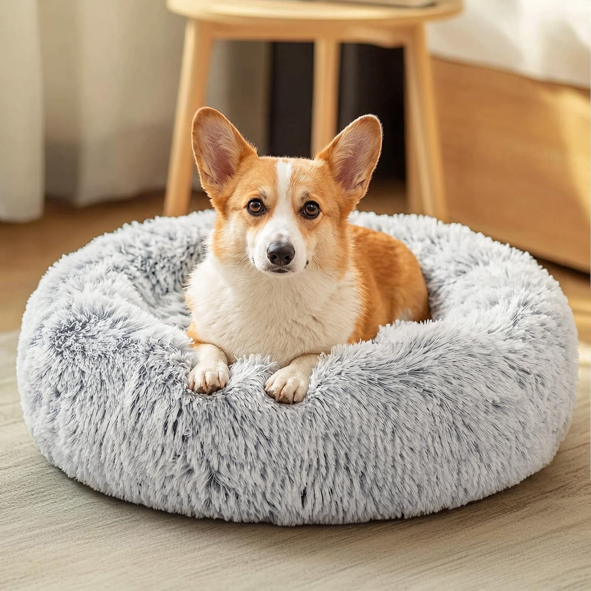 JOLLYVOGUE Small Dog Bed, Calming Soft Anti-Anxiety Donut Cat Bed, Washable Round Fluffy Cushion for Small and Medium Pets (20")