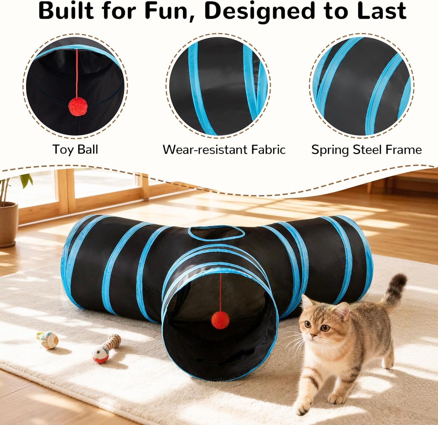 Tempcore Pet Cat Tunnel Tube Toys 3 Way Collapsible, Tunnels for Indoor Cats, Interactive Tube with Teaser Wand, Peek Holes & Hanging Ball, Black & Blue
