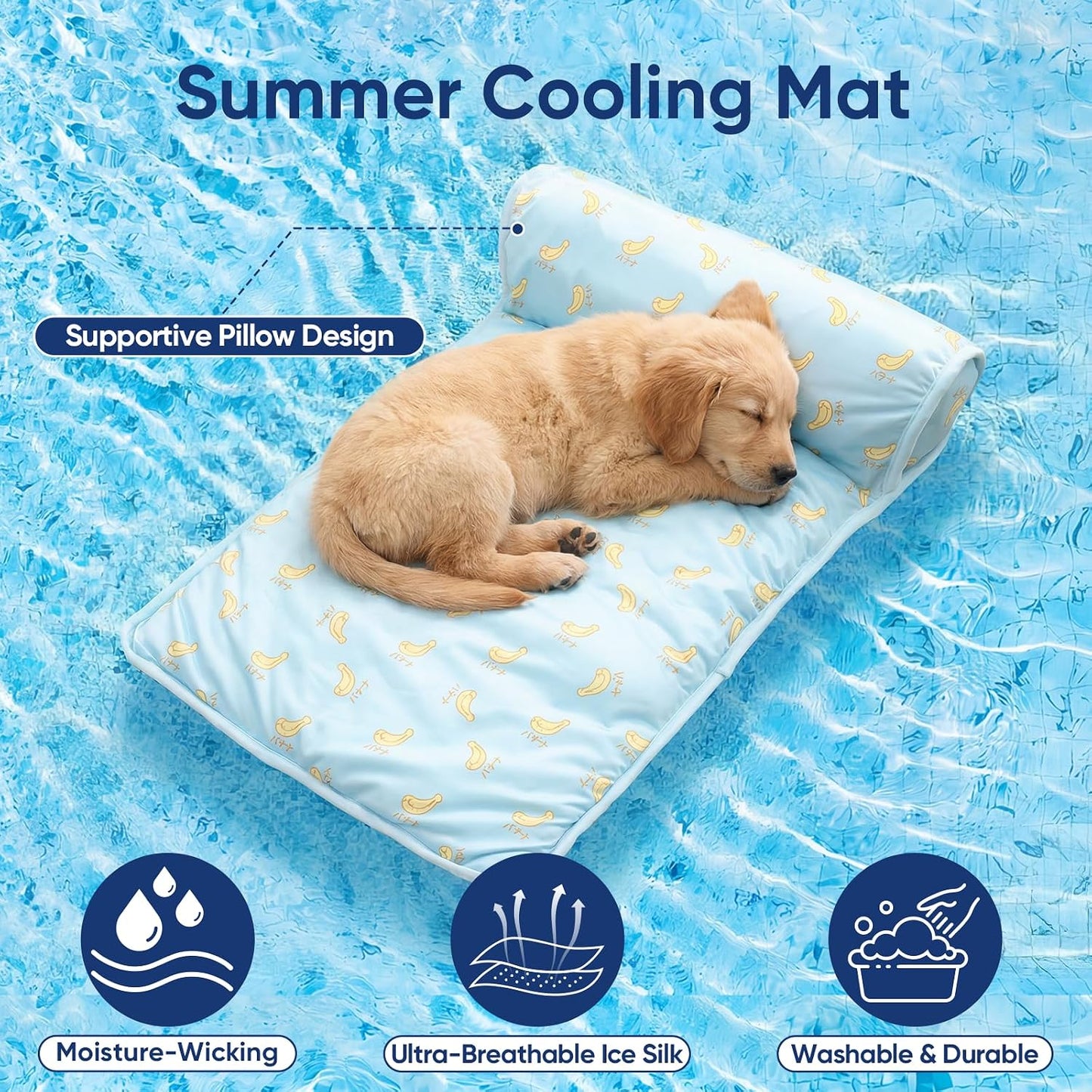 Dog Ice Silk Cooling Mat for Small Medium Dogs & Cats, Blue S | Non-Slip Breathable Cool Pet Pad, Cool Mat with Pillow, Portable Summer Dog Cooling Bed, Indoor Outdoor Travel Use