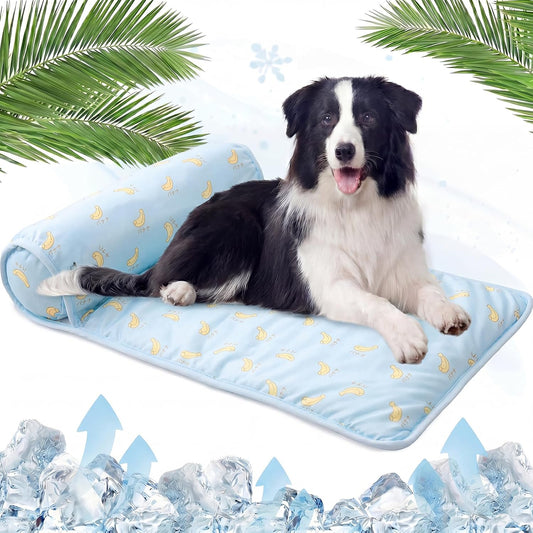 Dog Ice Silk Cooling Mat for Small Medium Dogs & Cats, Blue S | Non-Slip Breathable Cool Pet Pad, Cool Mat with Pillow, Portable Summer Dog Cooling Bed, Indoor Outdoor Travel Use