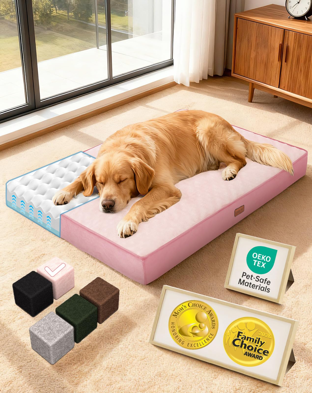 OhGeni Orthopedic Waterproof Dog Bed for Extra Large Dogs, Machine-Washable Removable Cover in Easy-Clean Fabric, Reversible Memory Foam & Easy-Carry Handle, Suitable for Crate, 41 inch (Gray)