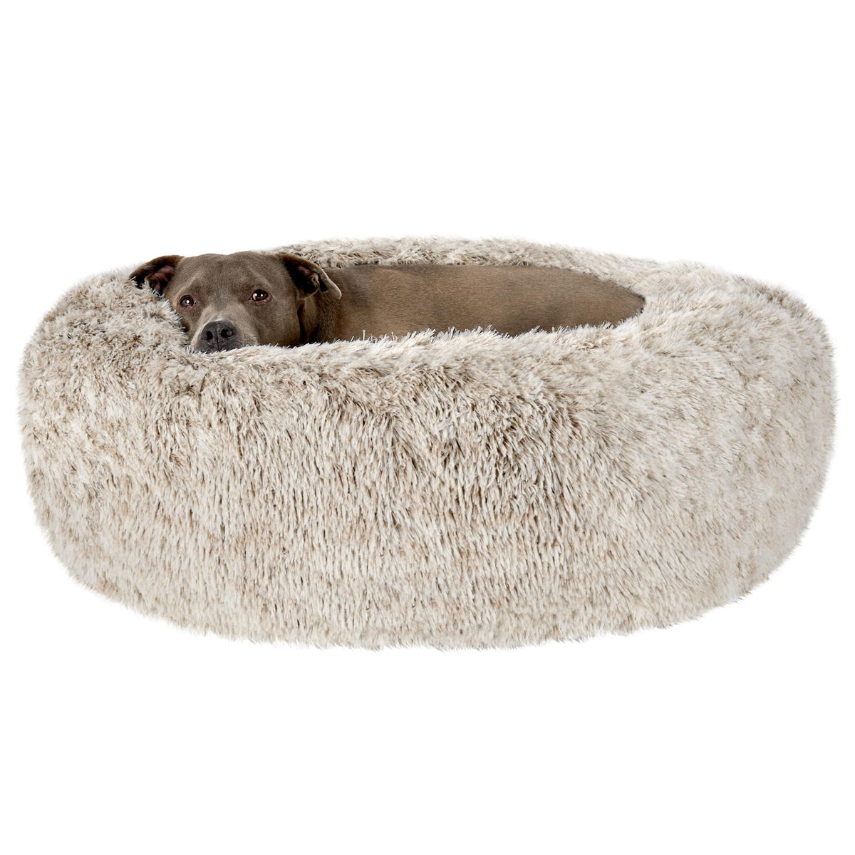 Furhaven 30" Round Calming Donut Dog Bed for Medium/Small Dogs, Refillable w/ Removable Washable Cover, For Dogs Up to 45 lbs - Shaggy Plush Long Faux Fur Donut Bed - Taupe, Medium