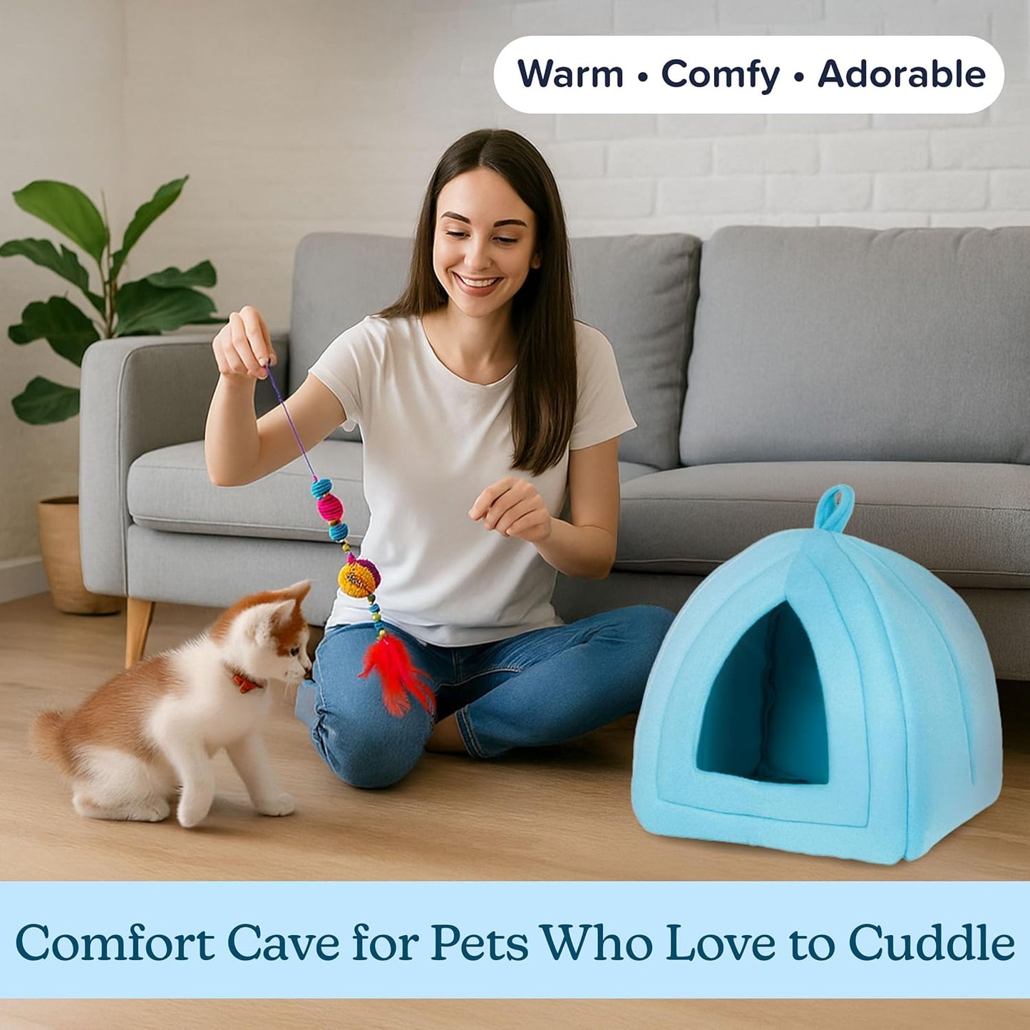 Cat House Indoor Cat Bed with Removable Foam Cushion, Plush Cat Tent Bed for Small Pets, Comfortable Cozy Hideaway for Cats, Kittens, Rabbits, Guinea Pigs, Ferrets, Hedgehogs, by PETMAKER (Blue)