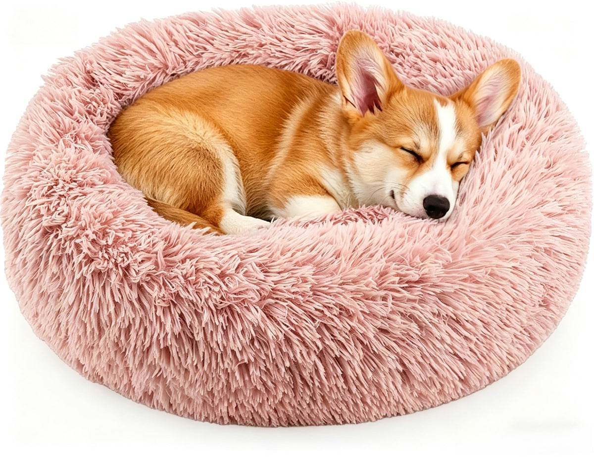 Calming Donut Dog and Cat Bed for Indoor Cats, Anti-Anxiety Round Fluffy Soft Washable Small Pet Bed for Puppy and Kitten, Warming Comfortable Luxury Anti-Slip Waterproof Mute Base 20in Gray