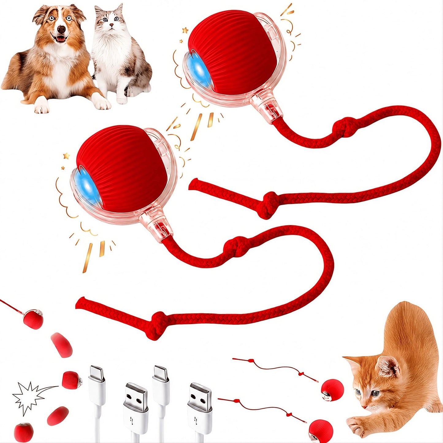 Purrmitive 2026 Durable Interactive Cat Toys for Indoor Cats, Dog Toys Ball, Rolling Pet Ball, Smart Automatic Cat Chase Balls Toy, Interactive Dog Toys Speedy Tail,Kitten & Cat Toys Interactive (Red)