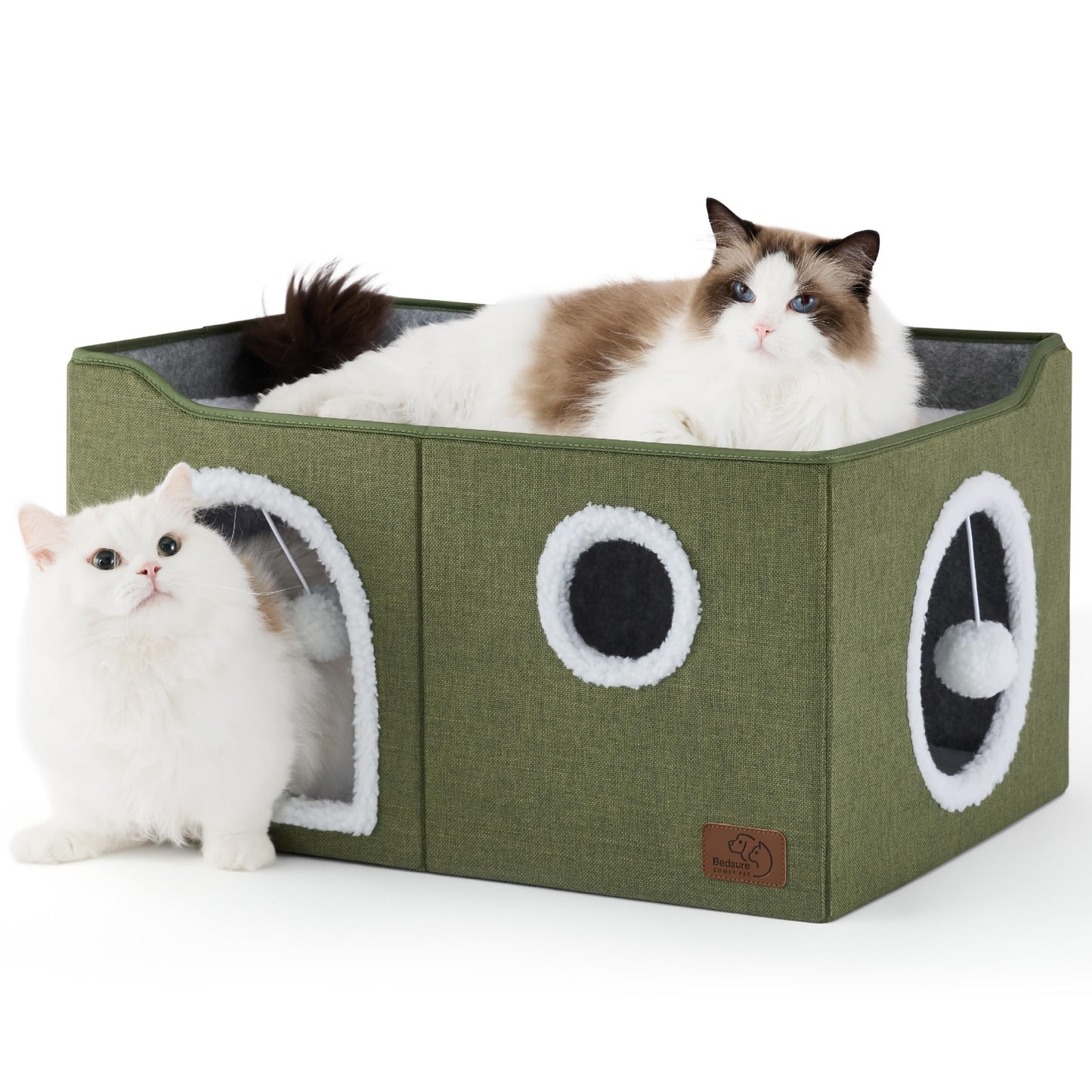 Bedsure Cat House Bed for Indoor Cats with Fluffy Ball and Scratch Pad,Grey | 16.5x16.5x13 in,Large cat cave for multiple pets,Foldable cat hideway cube for sleeping kitten