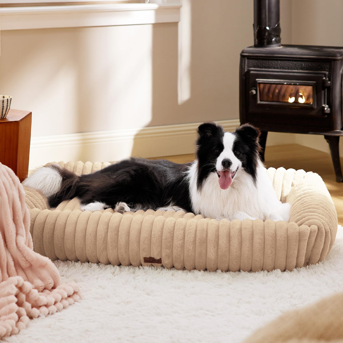 Bedsure ComfyFleece™ Cute Dog Bed for Small Medium Dogs - Washable Furry Puppy Beds, Rectangle Orthopedic Corduroy Fleece Pet Beds with Removable Zipper Cover, 25x21x7inches, Cream