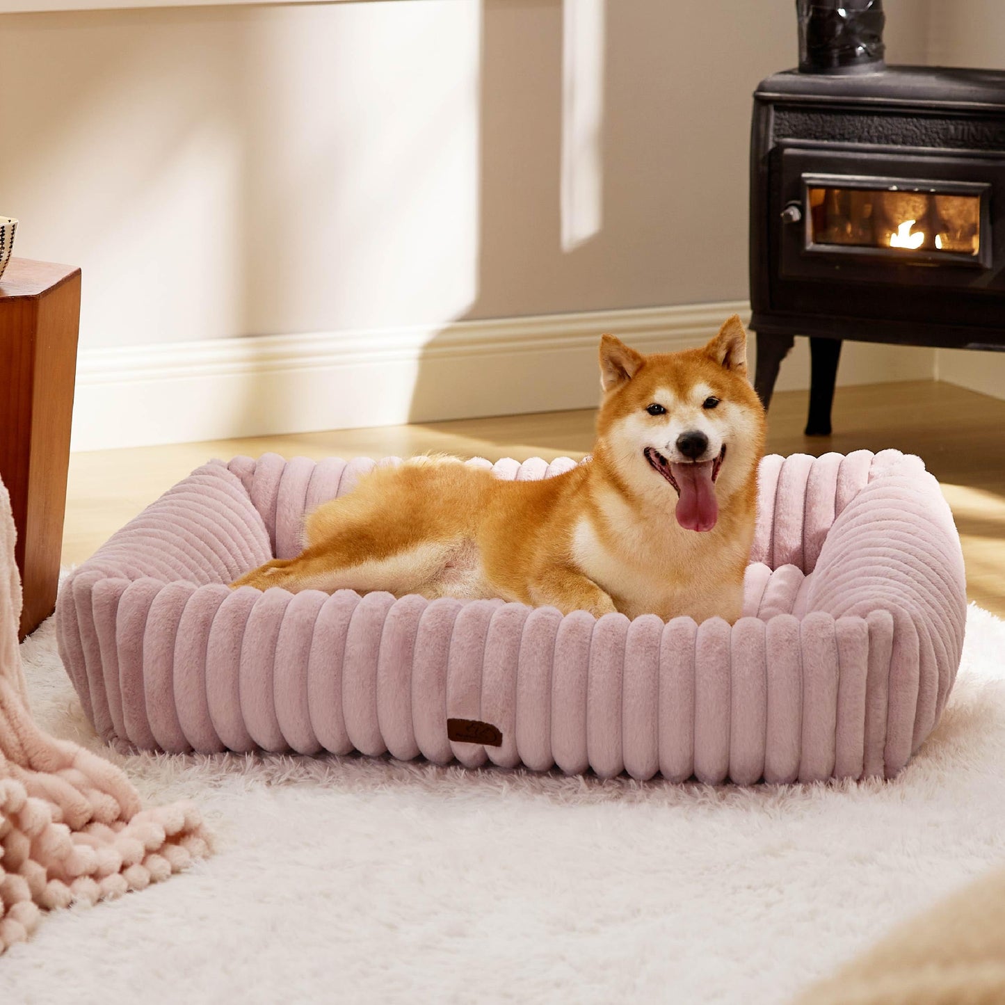 Bedsure ComfyFleece™ Cute Dog Bed for Small Medium Dogs - Washable Furry Puppy Beds, Rectangle Orthopedic Corduroy Fleece Pet Beds with Removable Zipper Cover, 25x21x7inches, Cream