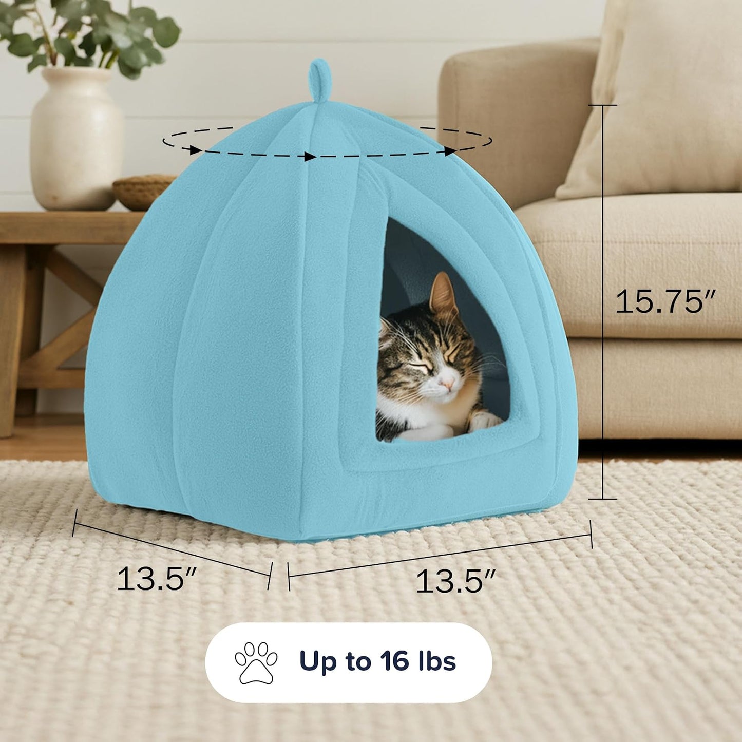 Cat House Indoor Cat Bed with Removable Foam Cushion, Plush Cat Tent Bed for Small Pets, Comfortable Cozy Hideaway for Cats, Kittens, Rabbits, Guinea Pigs, Ferrets, Hedgehogs, by PETMAKER (Blue)