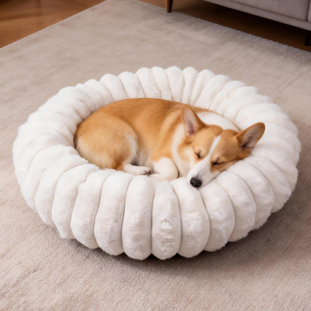 Donut Dog and Cat Bed, Luxurious Comfortable Faux Rabbit Fur Pet Beds, Round Anti-Anxiety Calming Puppy Kitten Bed with Anti-Slip Bottom for Small Medium Dogs & Cats(20", White)