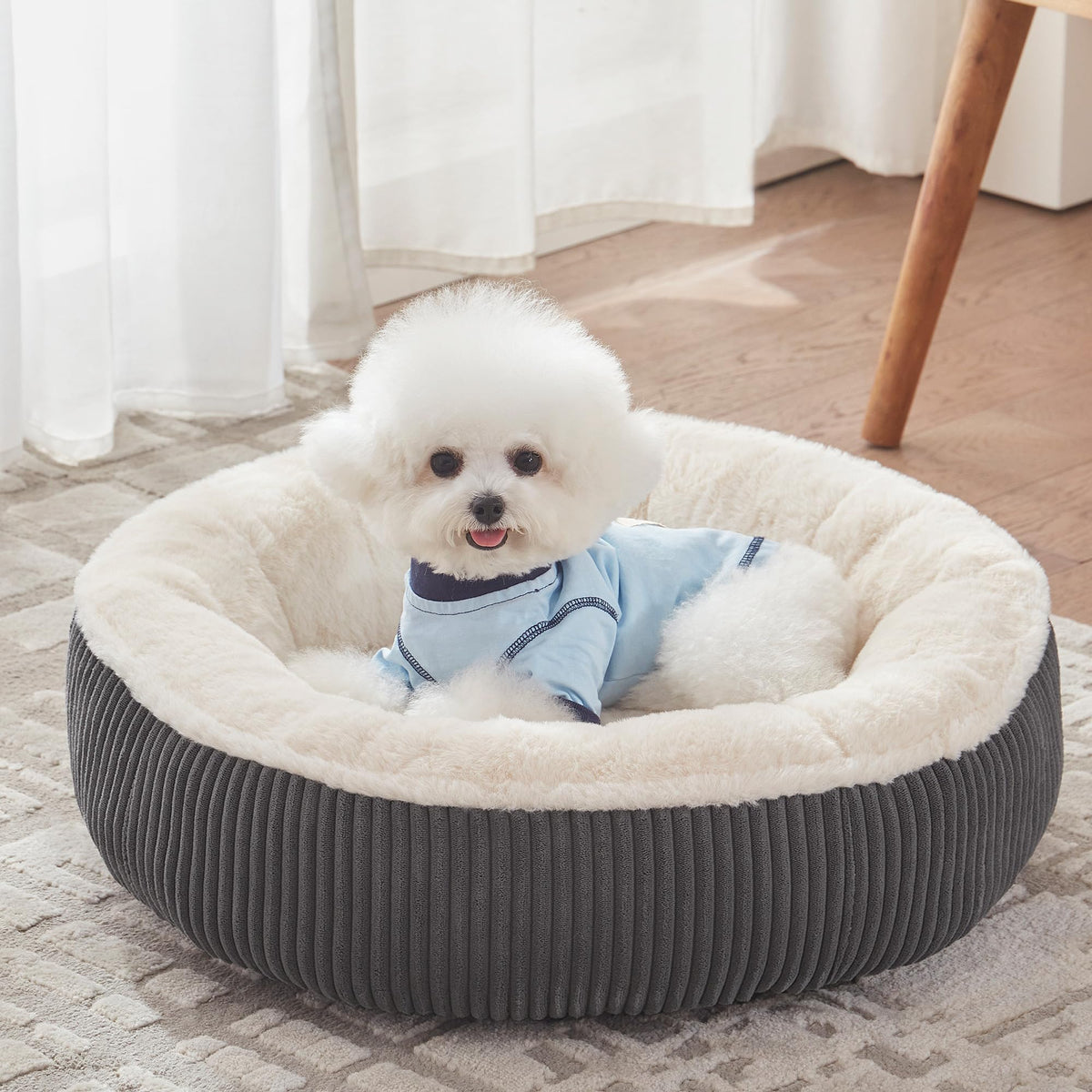 36 inches Donut Dog Bed for Large Dogs - Calming Round Pet Bed with Removable&Washable Cover, Plush Faux Fur & Corduroy, Fits Pets up to 80 lbs(Dark Grey, Large)