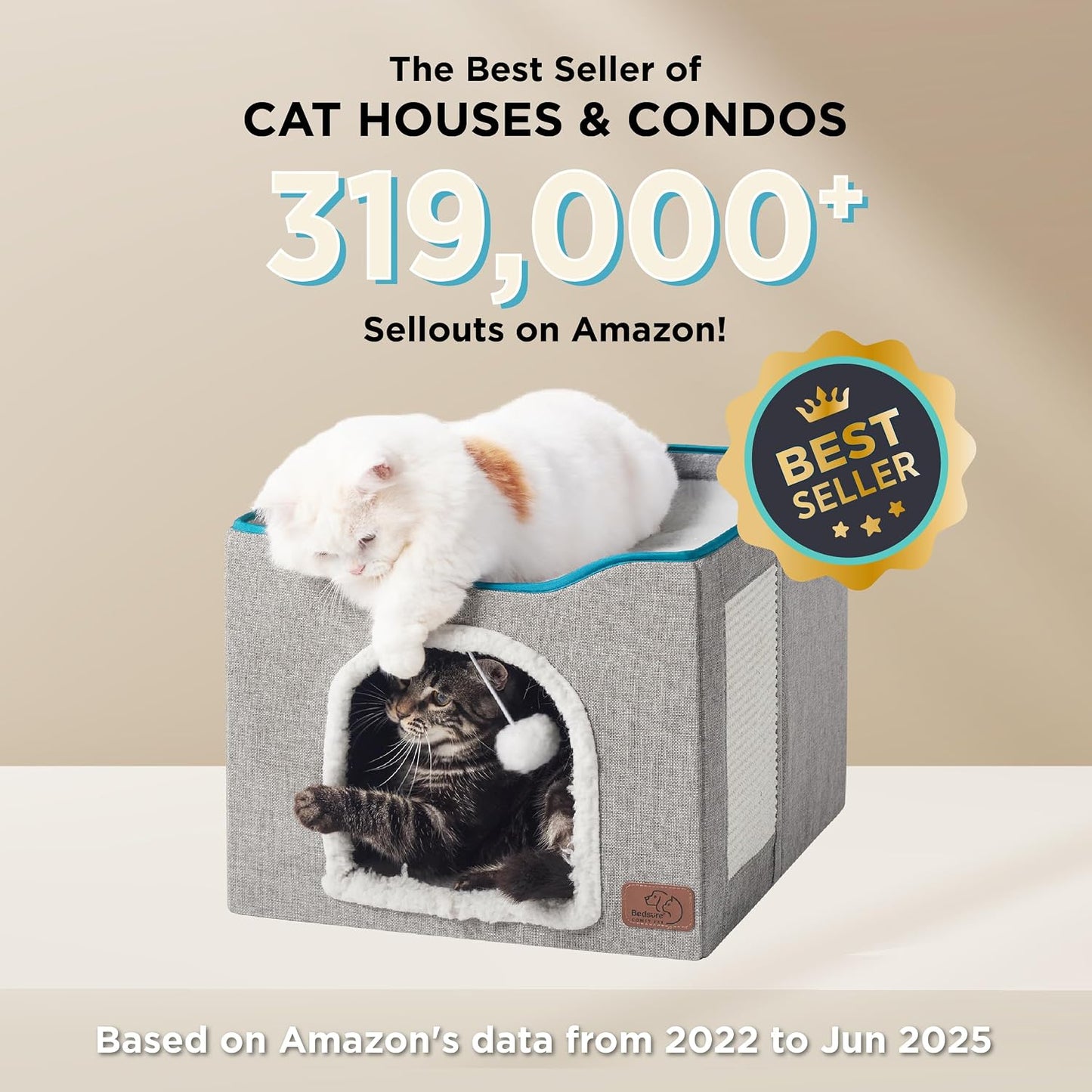 Bedsure Cat House Bed for Indoor Cats with Fluffy Ball and Scratch Pad,Grey | 16.5x16.5x13 in,Large cat cave for multiple pets,Foldable cat hideway cube for sleeping kitten