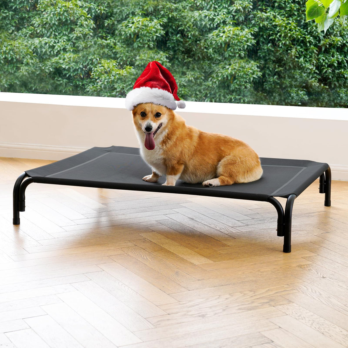 Elevated Dog Bed Raised Outdoor Dog Cot for Large Dogs, Installation Requires No Tools, Frame with Washable Cooling Breathable Mesh Anti-Slip Feet, Indoor Pet Bed, Black, 43.3 Inches