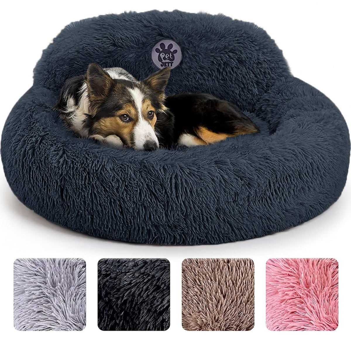 PetJett Calming Dog Bed Medium Size Dog - 30'' Donut Bed, Washable Dog Bed, Anti-Slip & Super Soft Fluffy Plush Round Dog Bed, Anti-Anxiety Premium Comfort Pet Bed, Fits Dogs Upto 45 lbs - Dark Grey