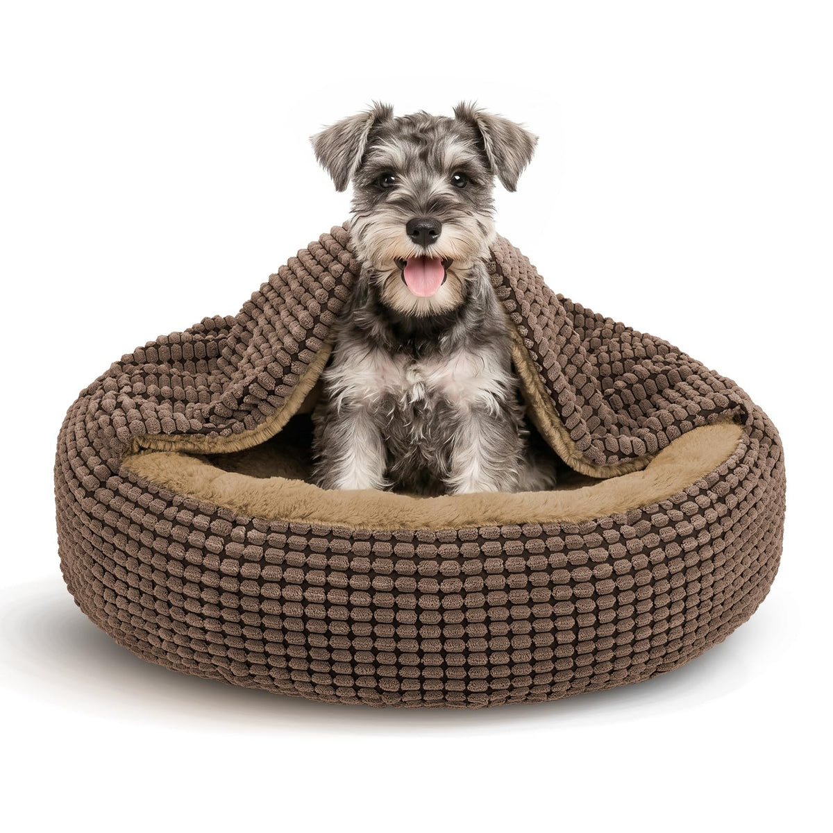 Small Dog Bed with Attached Blanket, Cozy Donut Cuddler Anti-Anxiety Hooded Pet Beds Calming Cave Bed. Orthopedic Round Puppy Beds for Dogs or Cats Washable, Anti-Slip Bottom, 23inch