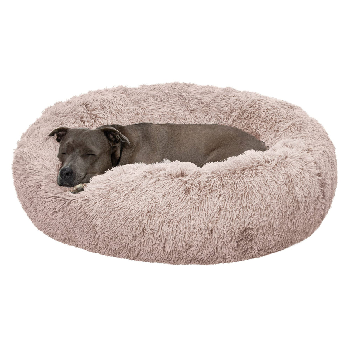 Furhaven 30" Round Calming Donut Dog Bed for Medium/Small Dogs, Refillable w/ Removable Washable Cover, For Dogs Up to 45 lbs - Shaggy Plush Long Faux Fur Donut Bed - Taupe, Medium