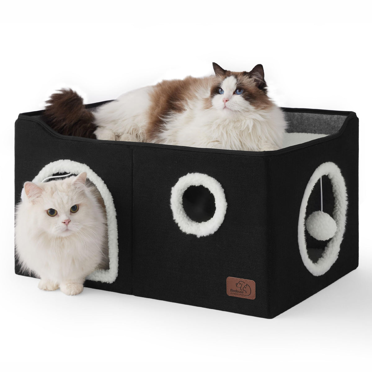 Bedsure Cat House Bed for Indoor Cats with Fluffy Ball and Scratch Pad,Grey | 16.5x16.5x13 in,Large cat cave for multiple pets,Foldable cat hideway cube for sleeping kitten