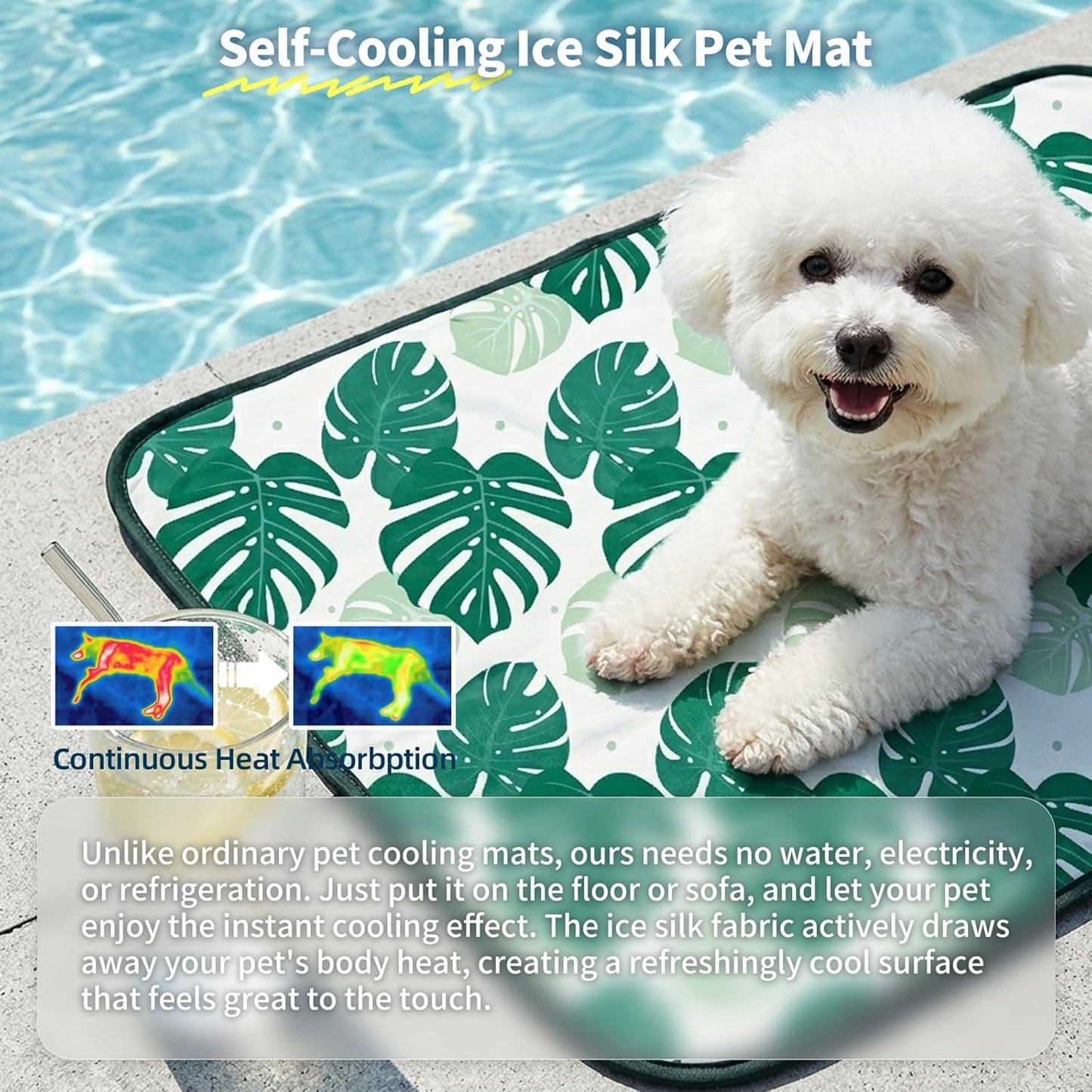 NWK Pet Cooling Mat -Q-Max>0.345 Ice Silk Cooling Mat for Dogs & Cats Portable & Washable Pet Cooling Blanket, Car Seats, Beds for Summer (Green Leaf, 20'' X 16'' X 0.3'')