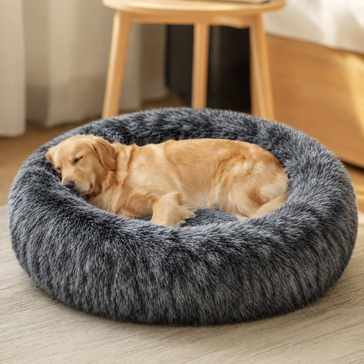 JOLLYVOGUE Small Dog Bed, Calming Dog Beds for Small Dogs & Indoor Cats - 20 Inches Donut Washable Cat Bed for Kittens & Puppies, Round Fluffy Plush Faux Fur Pet Beds(Smoke Grey)