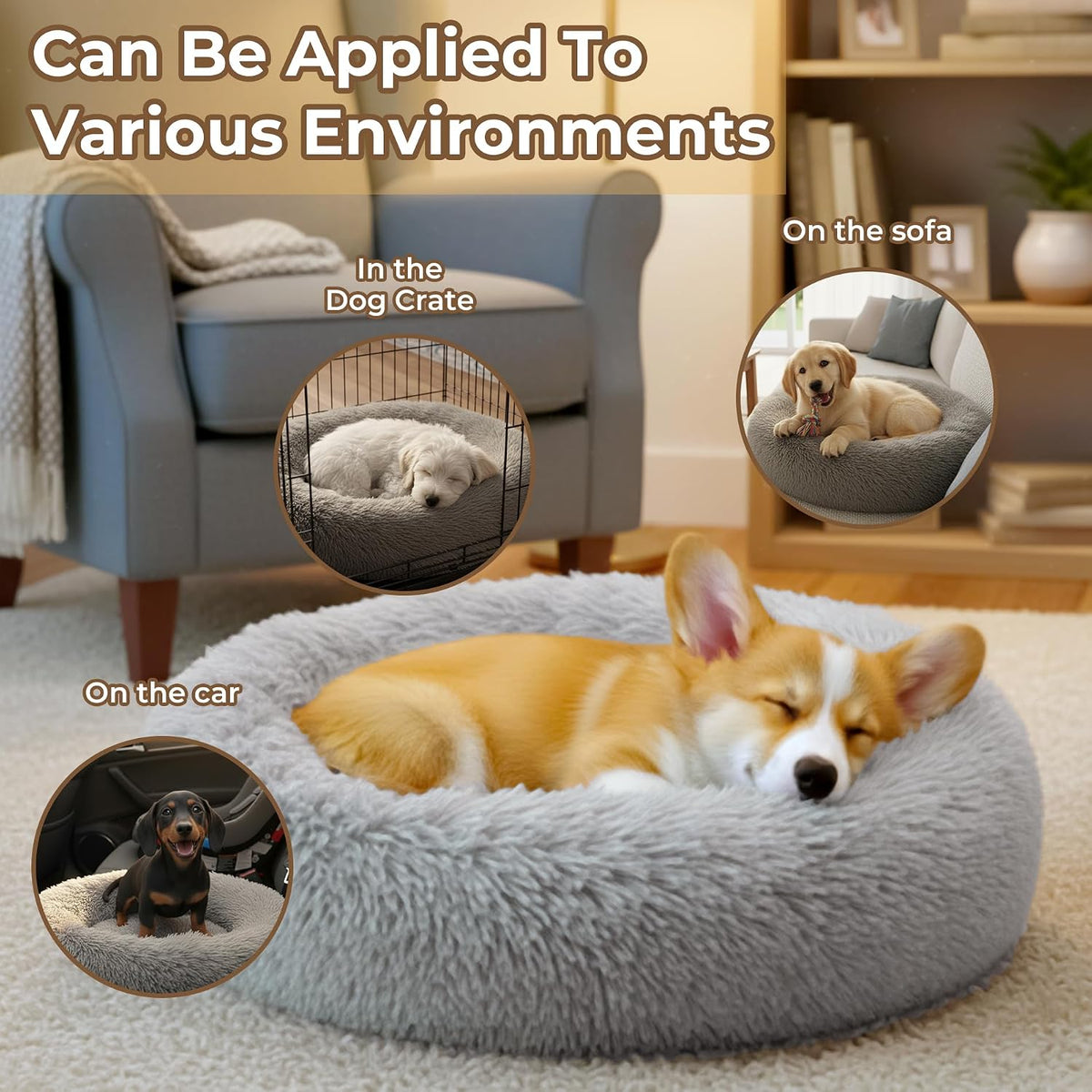 Calming Donut Dog and Cat Bed for Indoor Cats, Anti-Anxiety Round Fluffy Soft Washable Small Pet Bed for Puppy and Kitten, Warming Comfortable Luxury Anti-Slip Waterproof Mute Base 20in Gray