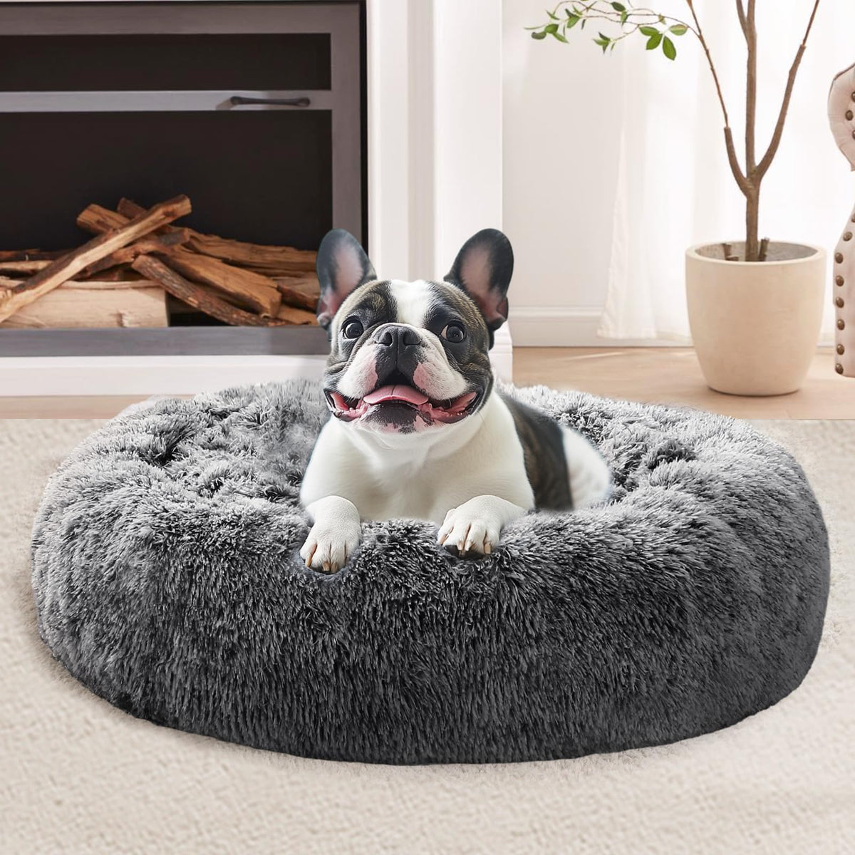 JOLLYVOGUE Small Dog Bed, Calming Dog Beds for Small Dogs & Indoor Cats - 20 Inches Donut Washable Cat Bed for Kittens & Puppies, Round Fluffy Plush Faux Fur Pet Beds(Smoke Grey)