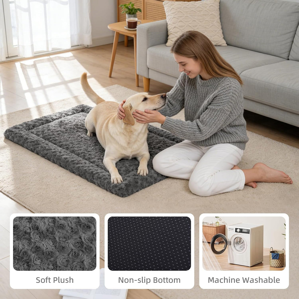 Washable Dog Bed Mat Ultra Soft Dog Crate Pad Comfy Fluffy Pet Kennel Beds Sleeping Mattress for Large Jumbo Medium Small Dogs Grey