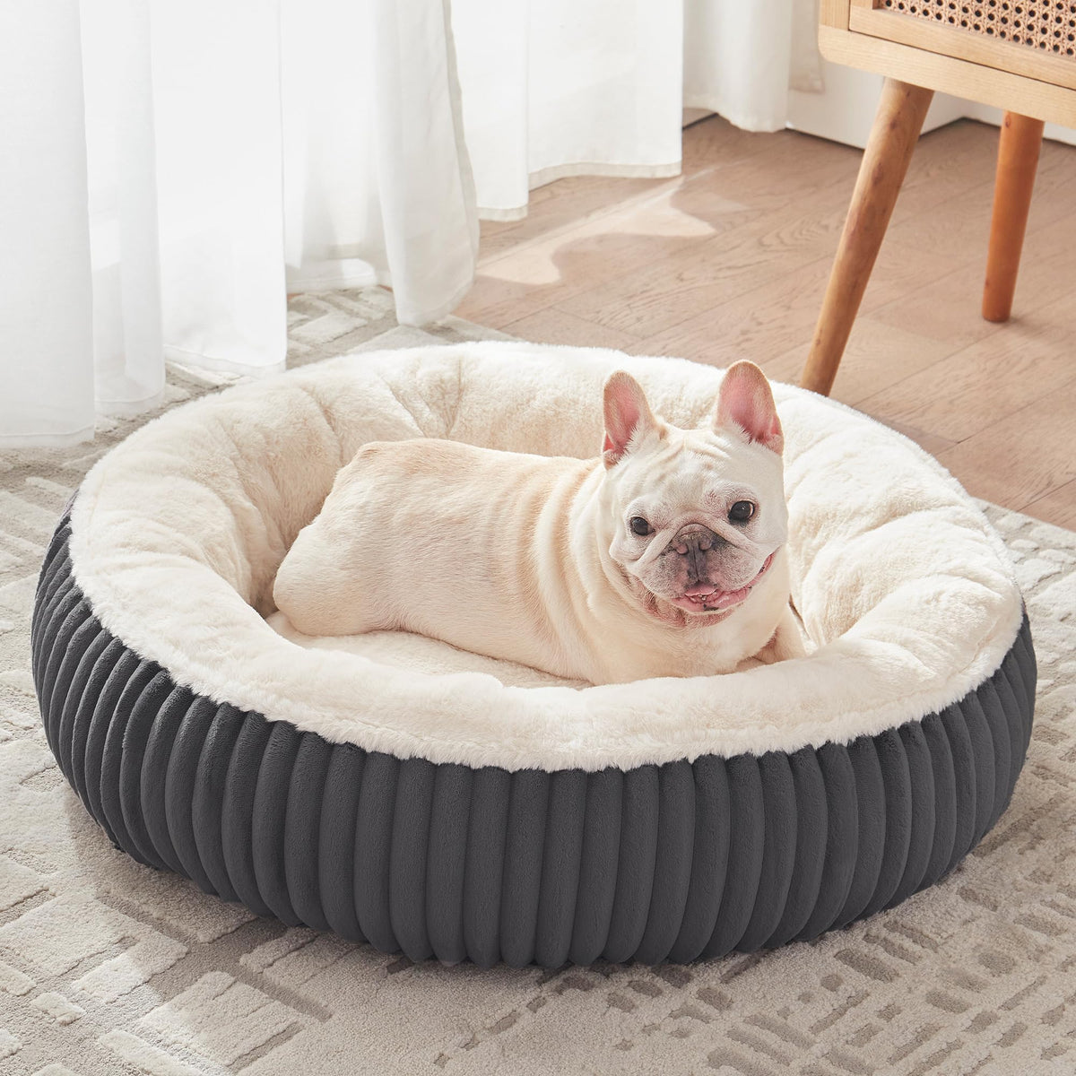 36 inches Donut Dog Bed for Large Dogs - Calming Round Pet Bed with Removable&Washable Cover, Plush Faux Fur & Corduroy, Fits Pets up to 80 lbs(Dark Grey, Large)