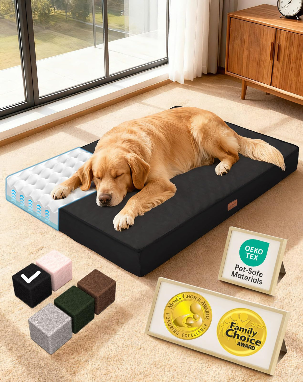 OhGeni Orthopedic Waterproof Dog Bed for Extra Large Dogs, Machine-Washable Removable Cover in Easy-Clean Fabric, Reversible Memory Foam & Easy-Carry Handle, Suitable for Crate, 41 inch (Gray)