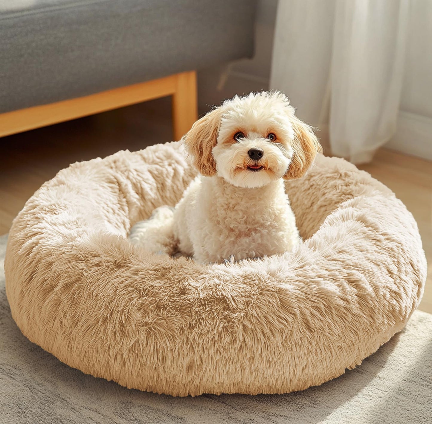 JOLLYVOGUE Small Dog Bed, Calming Soft Anti-Anxiety Donut Cat Bed, Washable Round Fluffy Cushion for Small and Medium Pets (20")