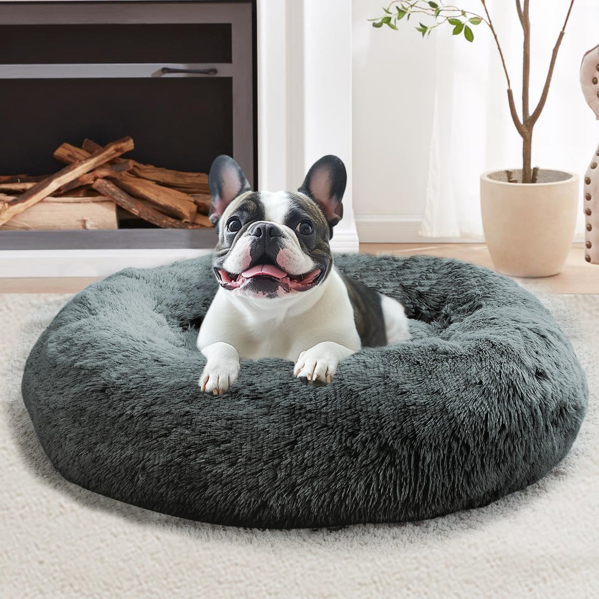JOLLYVOGUE Small Dog Bed, Calming Dog Beds for Small Dogs & Indoor Cats - 20 Inches Donut Washable Cat Bed for Kittens & Puppies, Round Fluffy Plush Faux Fur Pet Beds(Smoke Grey)